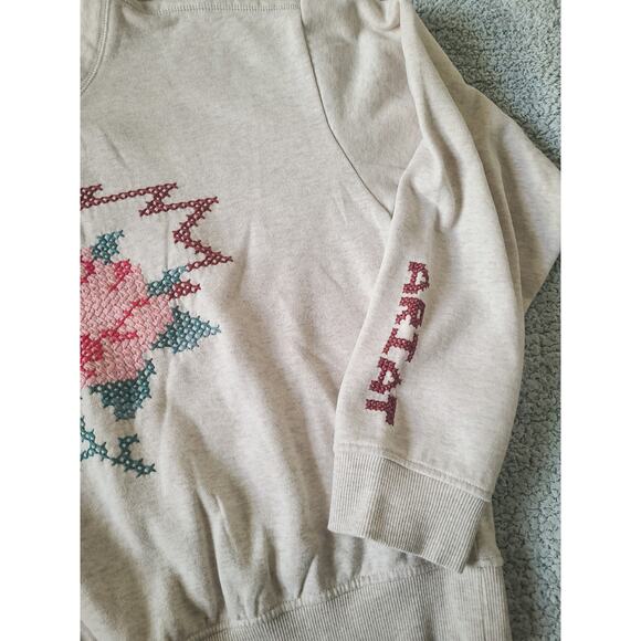 Ariat Beige Floral Cross-Stitch Sweatshirt Western Rose Crew Pullover  Large - Picture 3 of 4